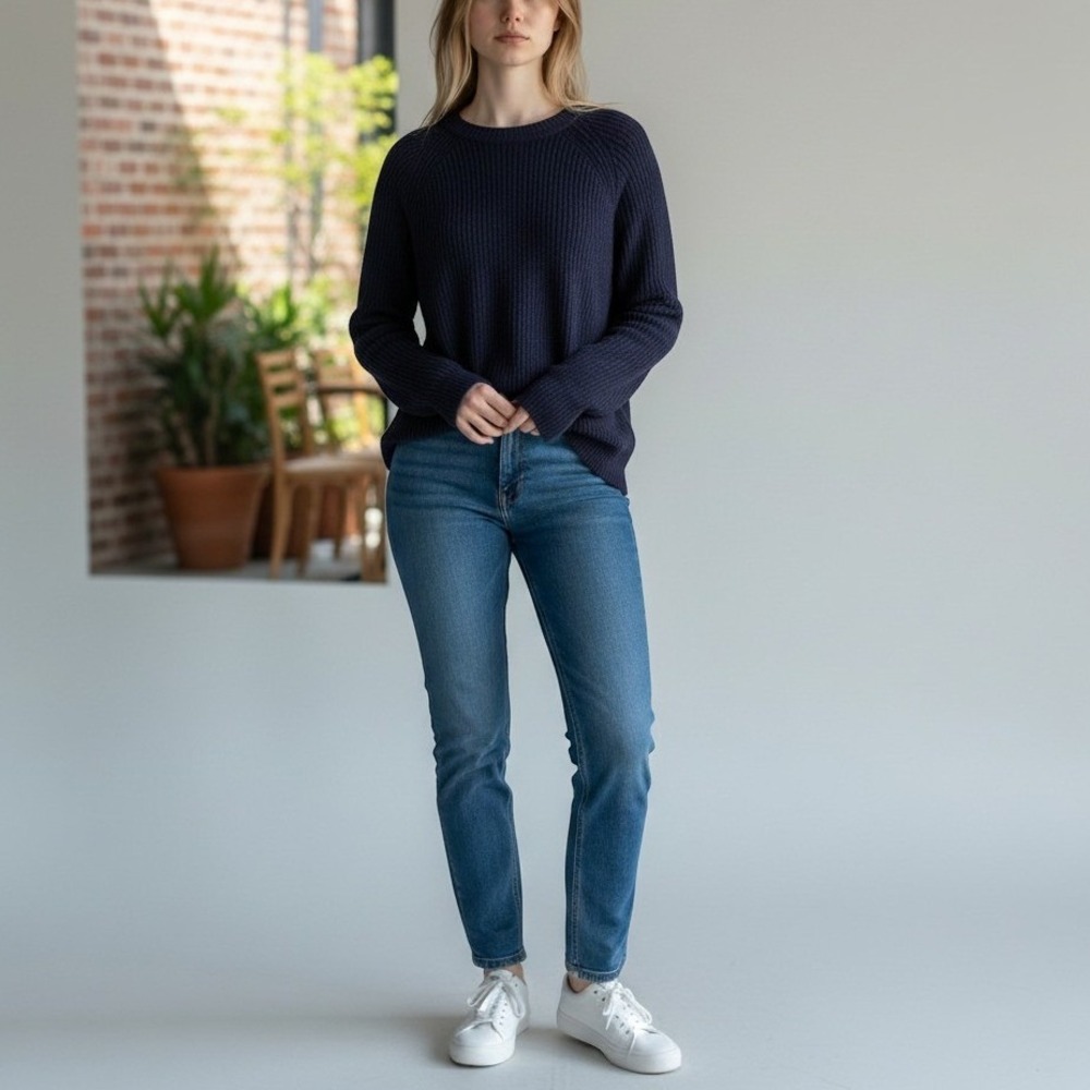 Quince Navy Blue 100% Cashmere Ribbed Crew Neck Sweater Womens Large NEW